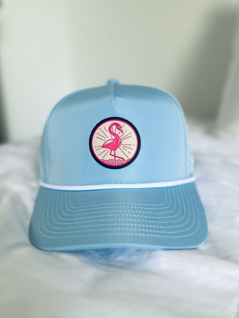 Light Blue Trucker Hat with Pink Flamingo Patch